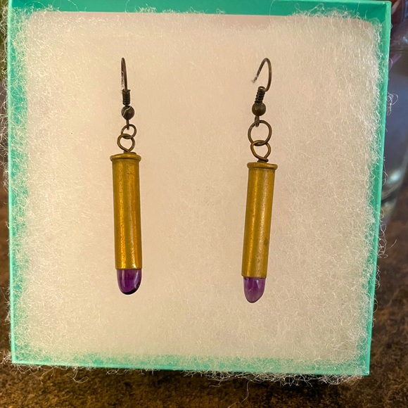 Genuine Amethyst Crystal / Recycled Bullet Shell Drop Earrings / Hand Crafted - Picture 2 of 4